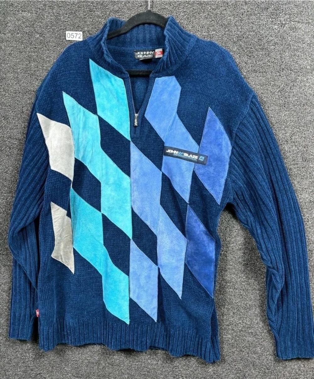 Johnny Blaze Sweater Mens Large Blue Quarter Zip Patchwork Applique Streetwear
